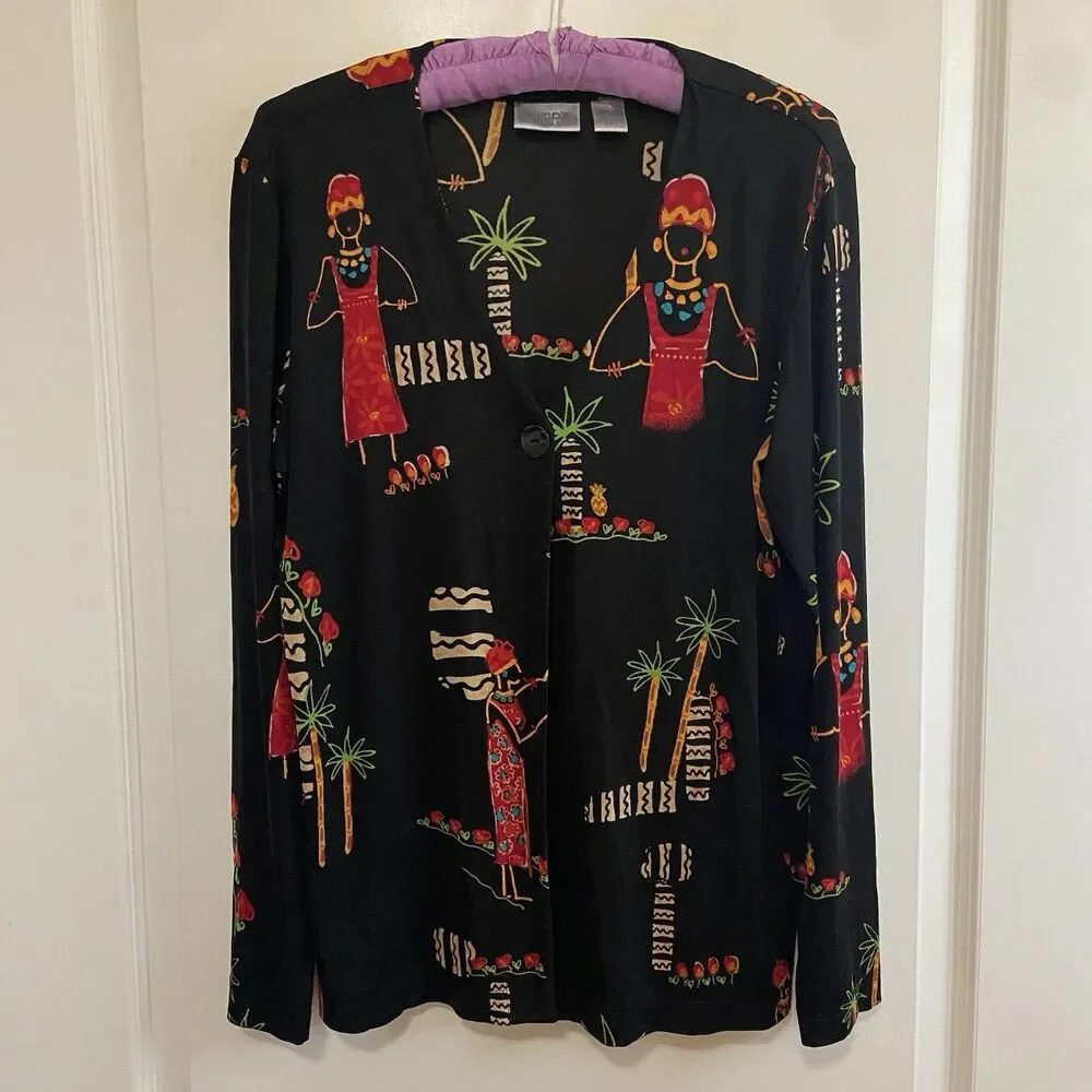 Chico’s Travelers Lightweight Cardigan Topper Jacket Black Tropical Size 1 (M/8)